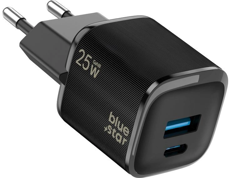 BlueStar Phone charger Blue Star Nano GaN USB C + USB A QC4.0 PD 3A 25W VT-331 juodas