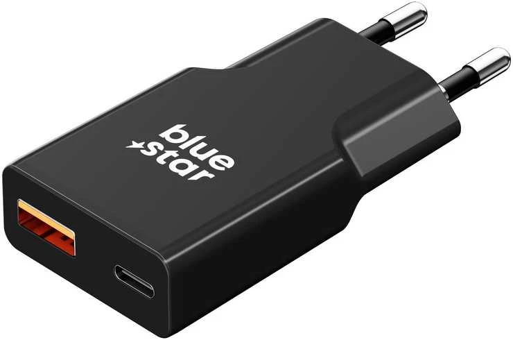 BlueStar Telefono įkroviklis Blue Star Slim GaN USB C + USB A QC4.0 PD 3A 25W TFK-SC-25WAC juodas
