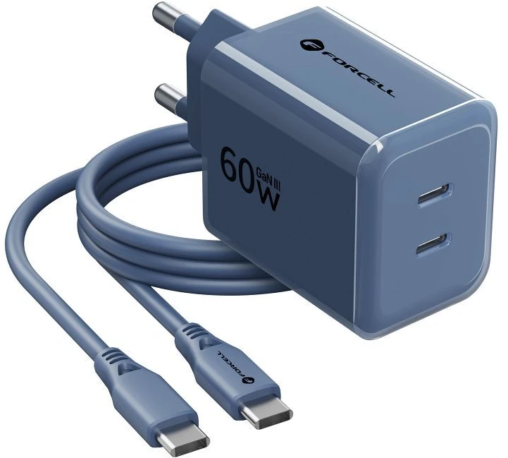 Telefono įkroviklis Forcell F-Energy GaN III Crystal Color 2x USB C AVS SSFC3.0 60W + silikoninis laidas USB C į USB C VT-60 tamsi mėlynas