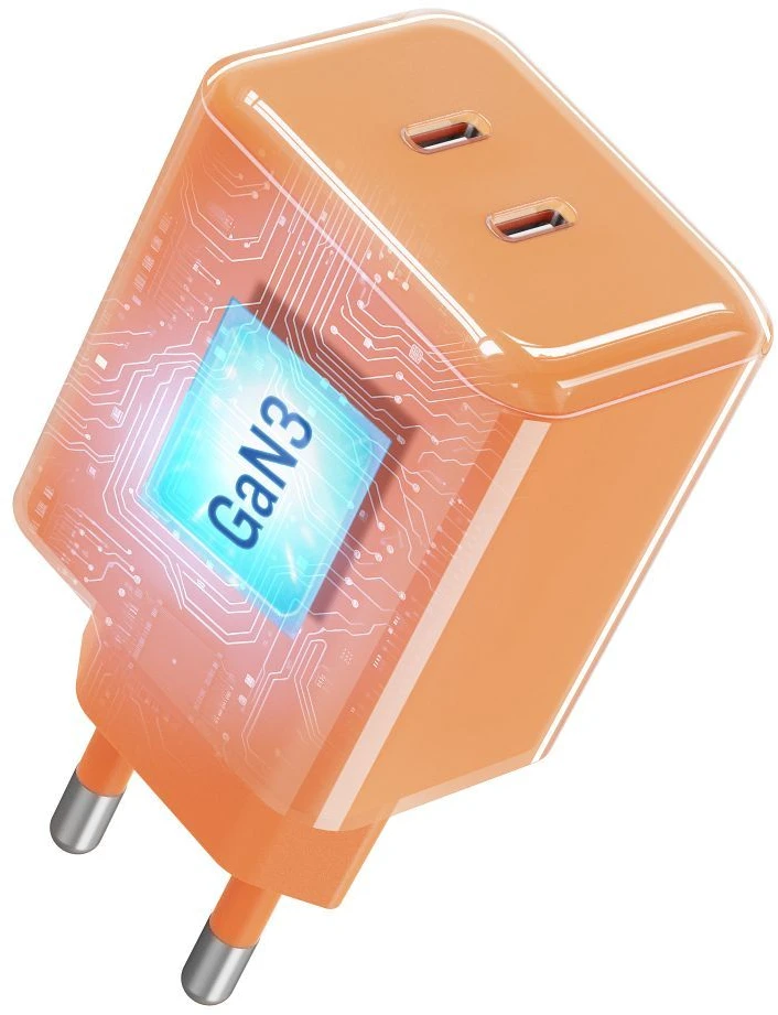 Telefono įkroviklis Forcell F-Energy GaN III Crystal Color 2x USB C AVS SSFC3.0 60W + silikoninis laidas USB C į USB C VT-60 oranžinis