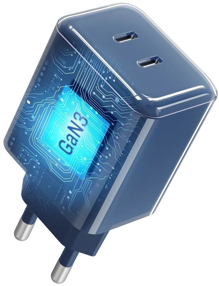 Telefono įkroviklis Forcell F-Energy GaN III Crystal Color 2x USB C AVS SSFC3.0 60W + silikoninis laidas USB C į USB C VT-60 tamsi mėlynas