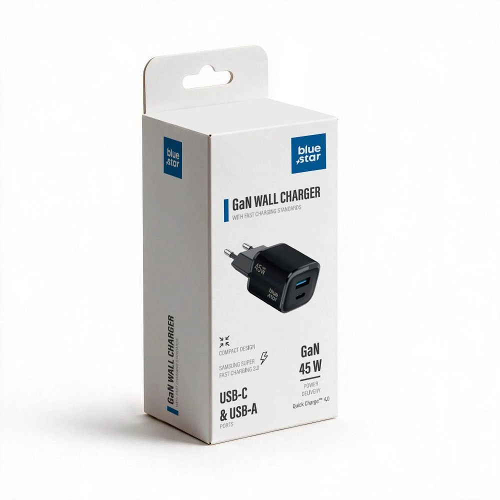 BlueStar Phone charger Blue Star Nano GaN USB C + USB A QC4.0 PD 3A 45W VT-334 juodas