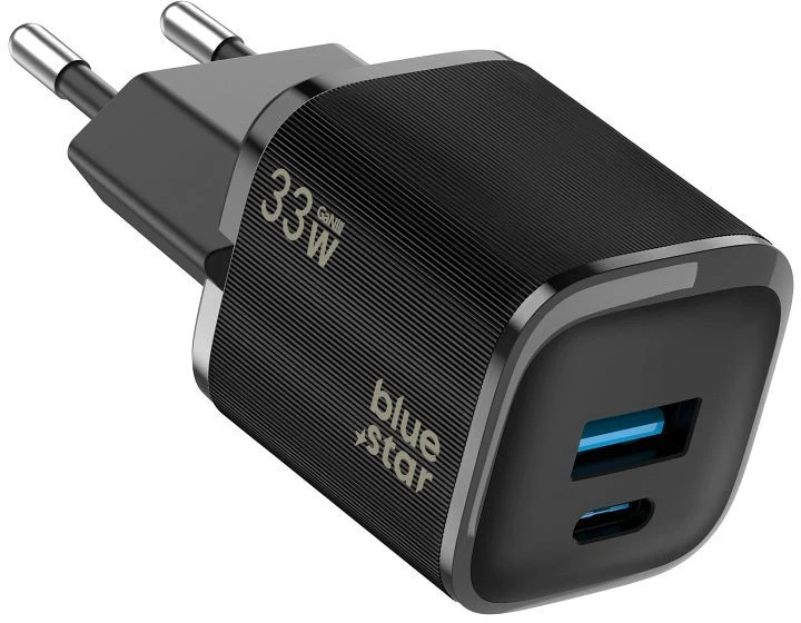 BlueStar Phone charger Blue Star Nano GaN USB C + USB A QC4.0 PD 3A 33W VT-332 juodas