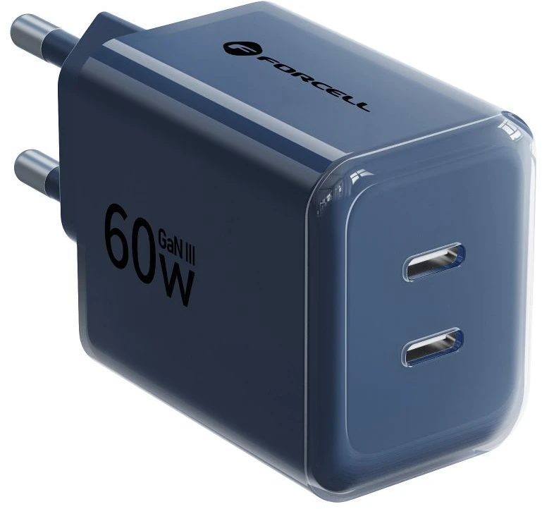 Telefono įkroviklis Forcell F-Energy GaN III Crystal Color 2x USB C AVS SSFC3.0 60W + silikoninis laidas USB C į USB C VT-60 tamsi mėlynas