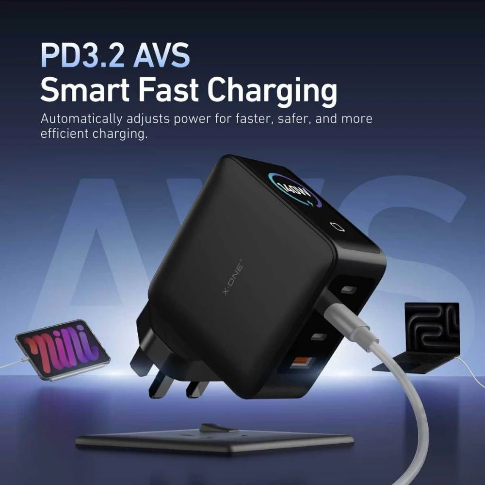 Kelioninis įkroviklis X-ONE ChargeGo GaN 65W su ištraukiamu laidu ir USB C prievadu - juodas