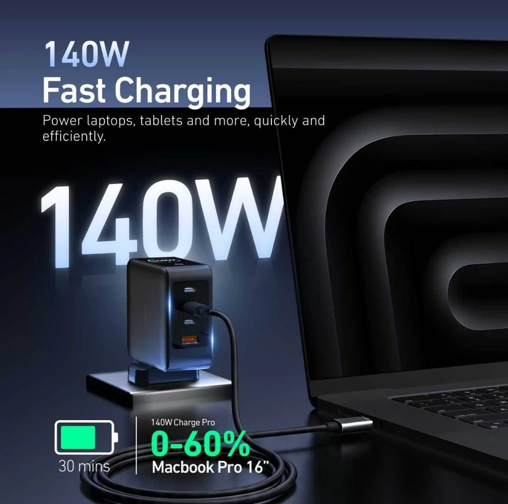 Kelioninis įkroviklis X-ONE ChargeGo GaN 65W su ištraukiamu laidu ir USB C prievadu - juodas