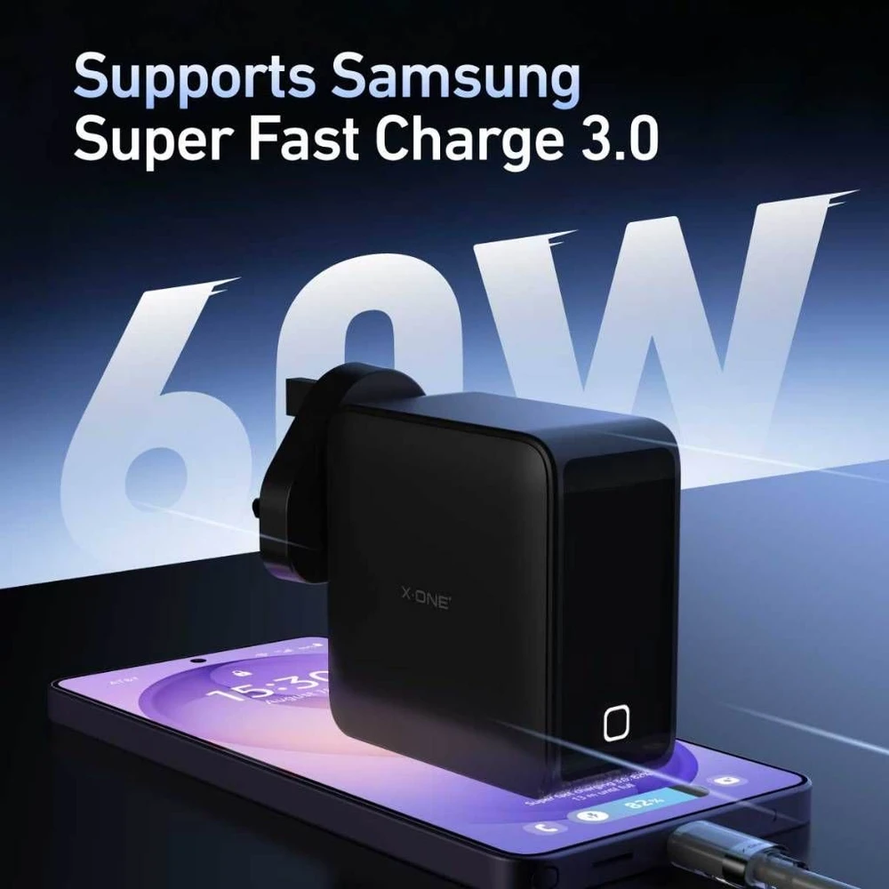 Kelioninis įkroviklis X-ONE ChargeGo GaN 65W su ištraukiamu laidu ir USB C prievadu - juodas