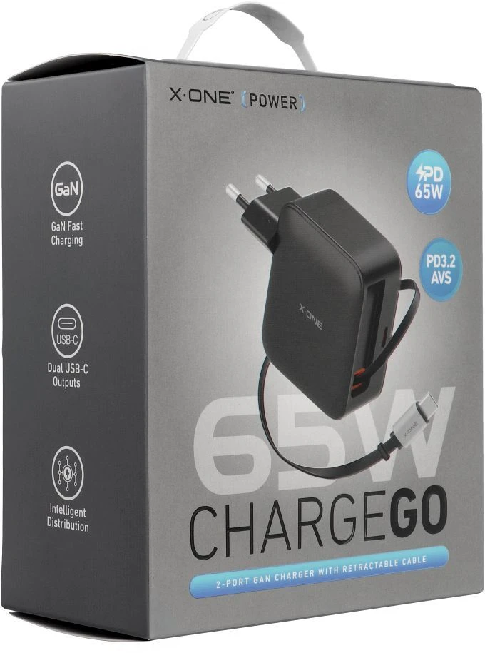 Kelioninis įkroviklis X-ONE ChargeGo GaN 65W su ištraukiamu laidu ir USB C prievadu - juodas