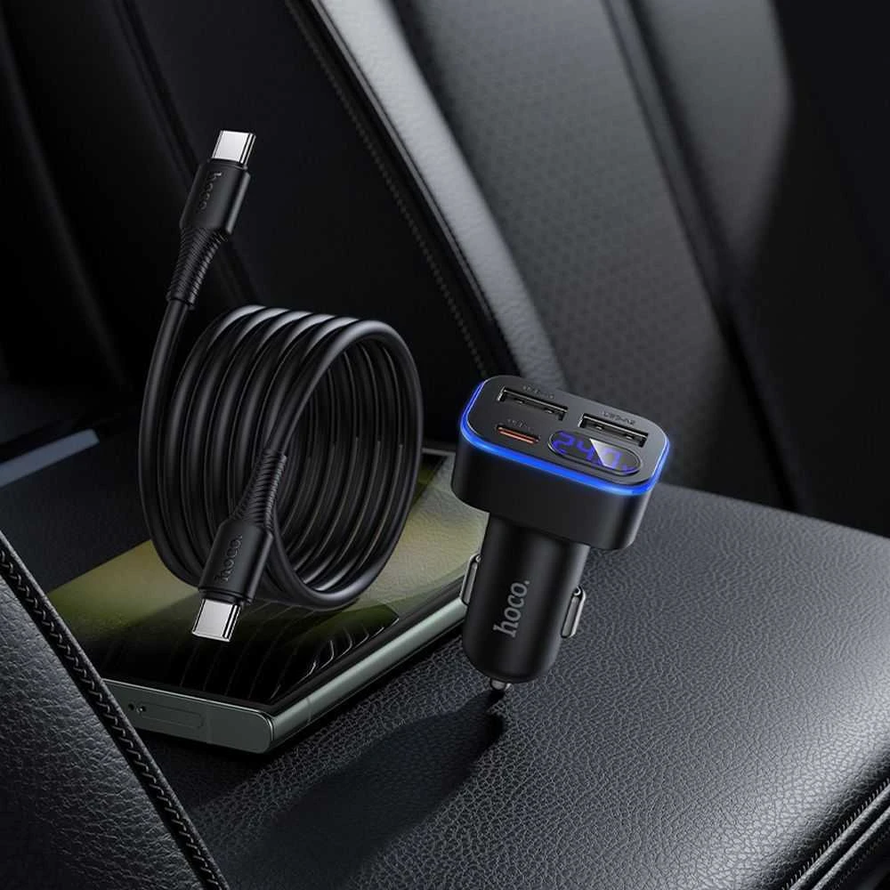 Automobilinis įkroviklis Hoco su LCD ekranu 2xUSB A + 1xUSB C PD QC3.0 42W Z63A juodas