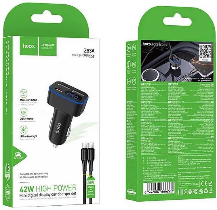 Automobilinis įkroviklis Hoco su LCD ekranu 2xUSB A + 1xUSB C PD QC3.0 42W Z63A juodas