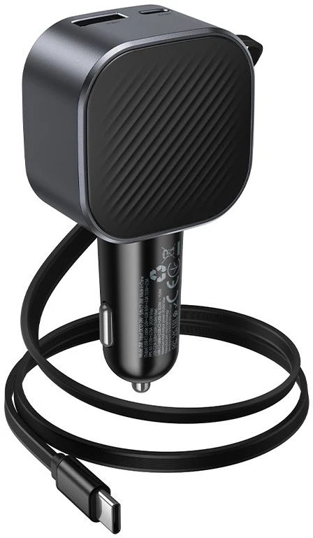 Car charger Hoco USB A + USB C PD QC3.0 45W with retractable cable USB C Z68 juodas