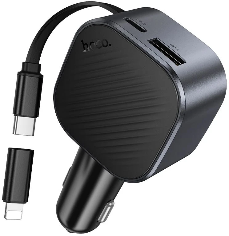 Car charger Hoco USB A + USB C PD QC3.0 45W with retractable cable USB C Z68 juodas