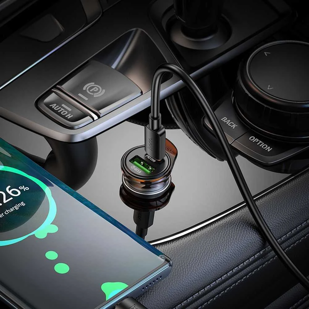 Automobilinis įkroviklis Hoco USB C QC PD 30W + laidas USB C - Lightning NZ16 metalinis pilkas
