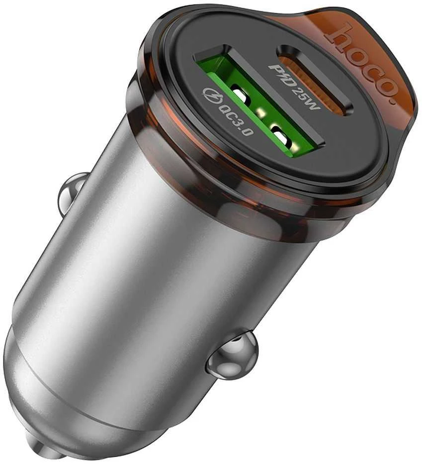 Automobilinis įkroviklis Hoco USB C QC PD 30W + laidas USB C - Lightning NZ16 metalinis pilkas