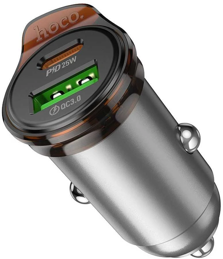 Automobilinis įkroviklis Hoco USB C QC PD 30W + laidas USB C - Lightning NZ16 metalinis pilkas