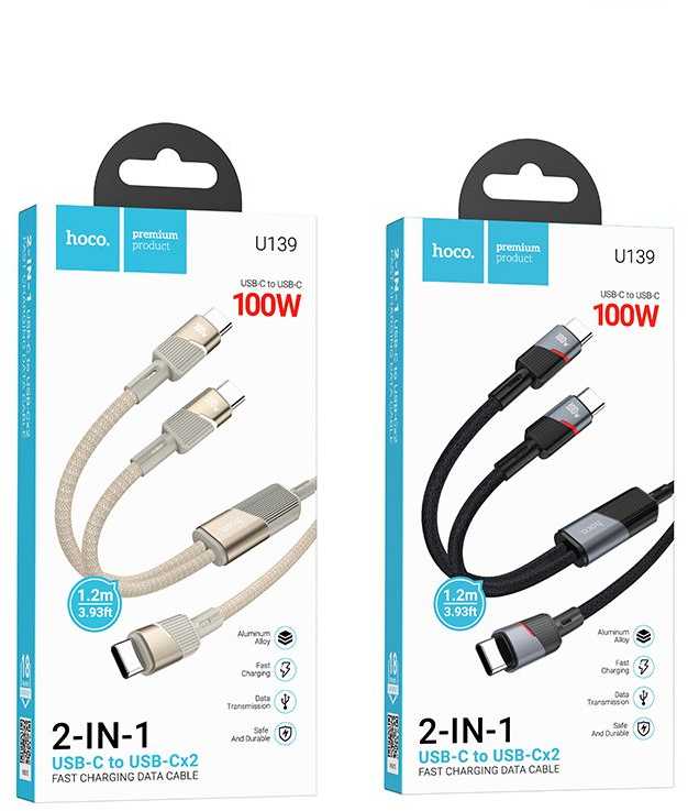 Cable 2in1 USB C į USB C / USB C Hoco 5A 100W 1,2 m U139 juodas