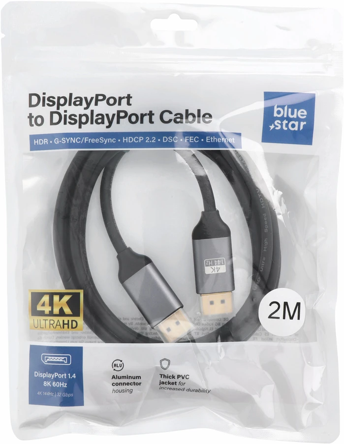 BlueStar Cable Ekranas Port to Ekranas Port 1.4 Blue Star 4K 120Hz - High Speed, HDR, Ethernet, G-SYNC/FreeSync, 32Gbp, 2 m juodas