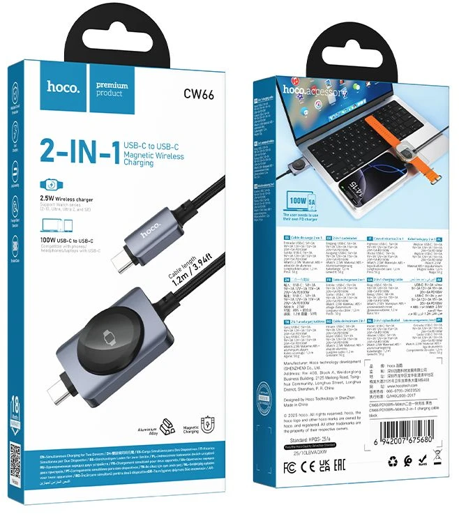 Hoco USB C į USB C PD100W laidas su iWatch įkrovimo funkcija 1.2 m CW66 juodas