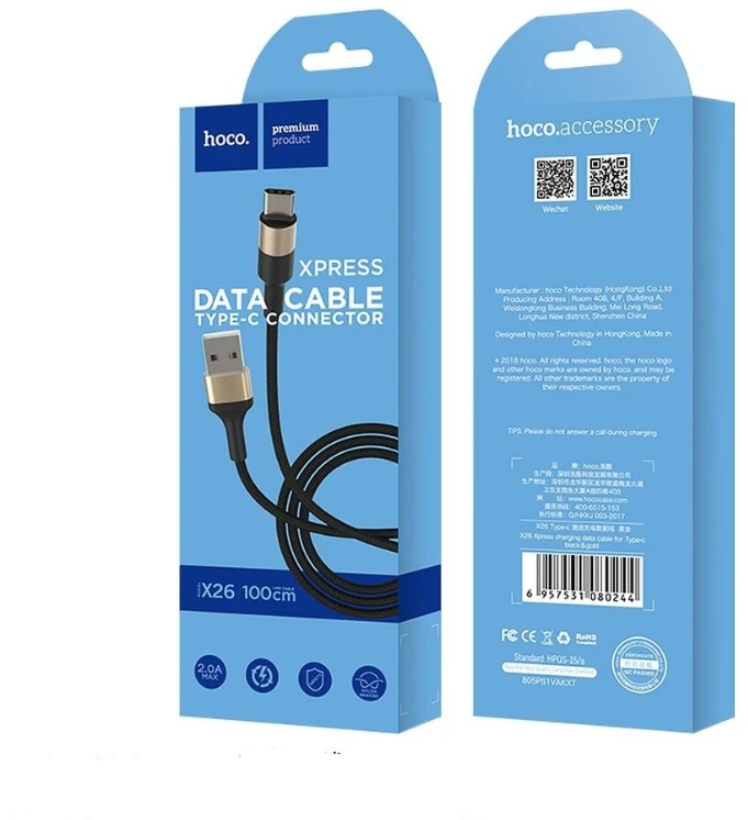 USB kabelis Hoco X26 Type-C 1.0m juodas-auksinis