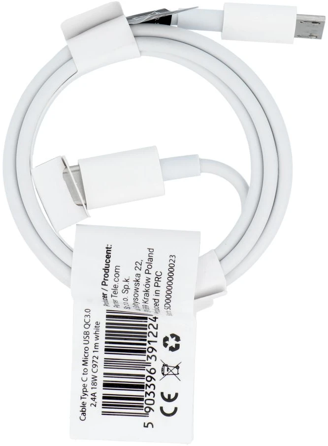 OEM laidas USB C į Micro USB QC3.0 2,4A 18W C972 1 m baltas