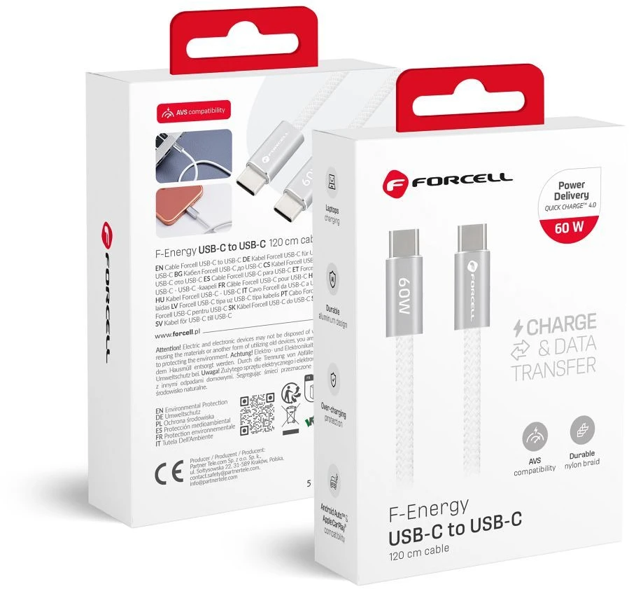 USB C į USB C laidas Forcell F-Energy QC4.0 PD 3A 60W Cafule Color 1,2 m ACYH23 baltas