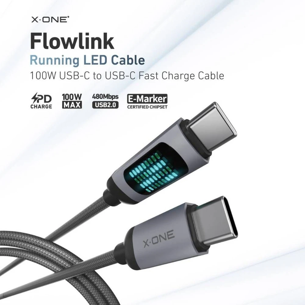 „X-ONE FlowLink“ bėgimo LED duomenų kabelis - C tipo į C tipo - 5A, maks. 100W, 1,2m, juodas