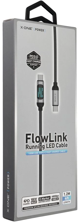 „X-ONE FlowLink“ bėgimo LED duomenų kabelis - C tipo į C tipo - 5A, maks. 100W, 1,2m, juodas