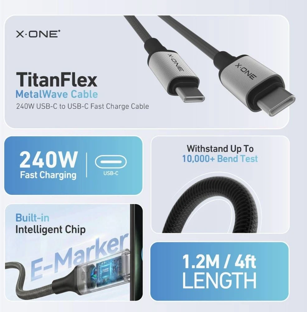 X-ONE TitanFlex data cable - type C to C - 5A max 240W 1,2 m juodas