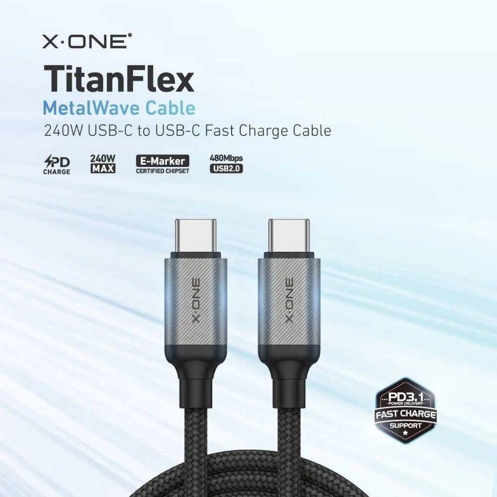 X-ONE TitanFlex data cable - type C to C - 5A max 240W 1,2 m juodas