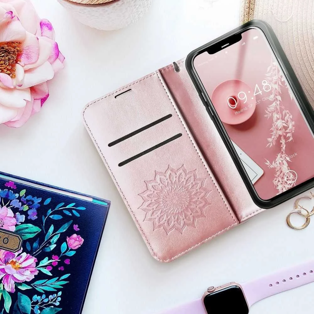 Forcell Oem MEZZO Book dėklas skirtas Samsung Galaxy A52 5G / A52 LTE ( 4G ) / A52s 5G mandala rožinio aukso spalvos