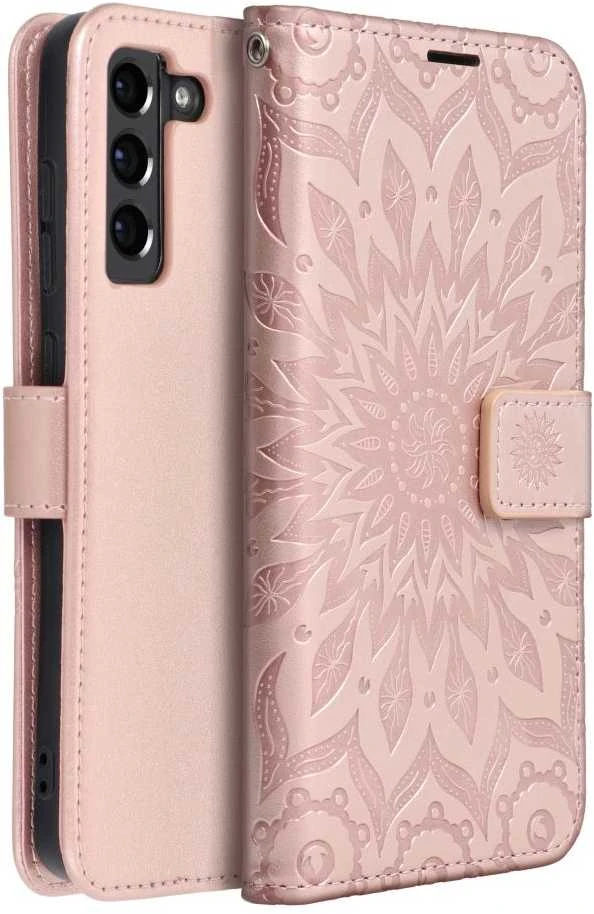 Forcell Oem MEZZO Book dėklas skirtas Samsung Galaxy S21 FE mandala rožinio aukso spalvos