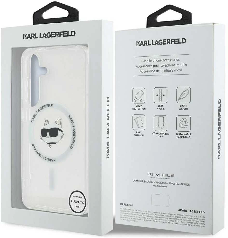 Dėklas Karl Lagerfeld Button Choupette Head Printed Logo MagSafe Samsung Galaxy S25 baltos spalvos