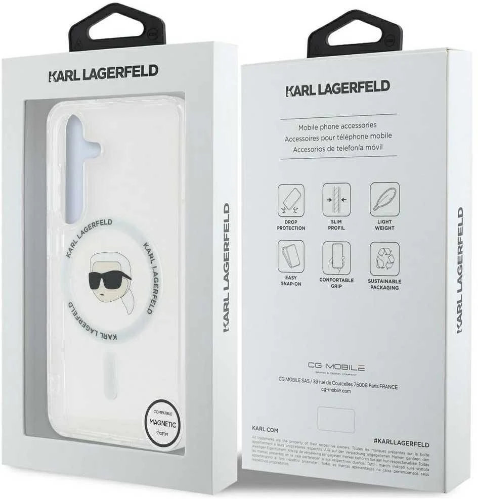 Karl Lagerfeld Button Karl Head Printed Logo MagSafe Samsung Galaxy S25 dėklas telefonui baltos spalvos