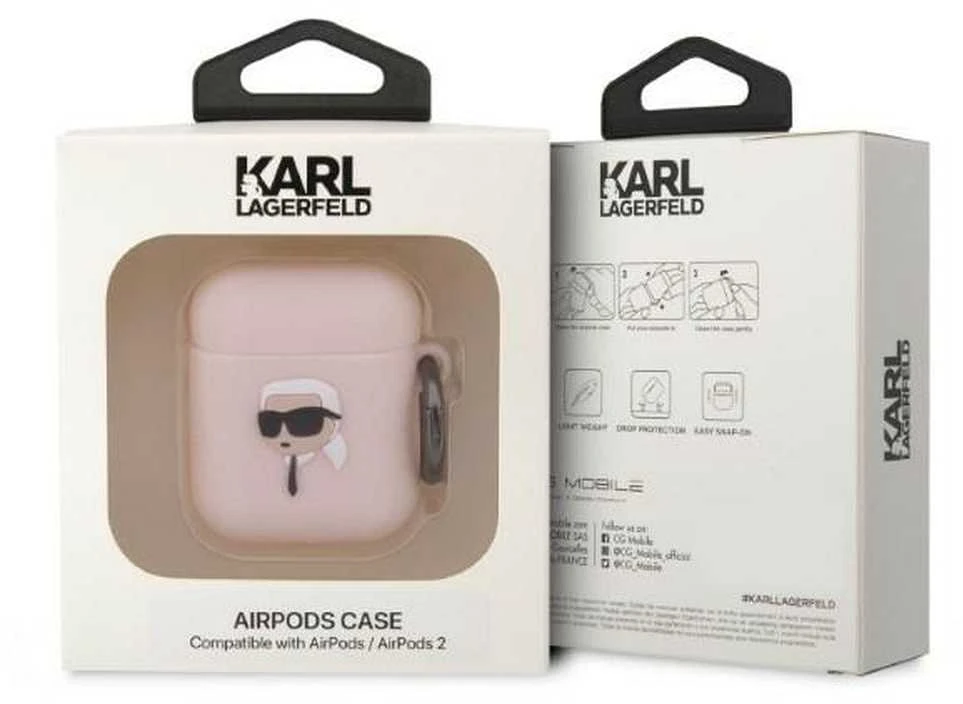 Karl Lagerfeld KLA2RUNIKP AirPods 1/2 dėklas rožinės spalvos silikoninis Karl Head 3D