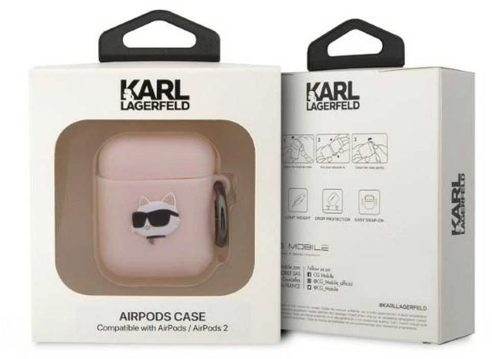 Karl Lagerfeld KLA2RUNCHP AirPods 1/2 dėklas rožinės spalvos Silicone Choupette Head 3D