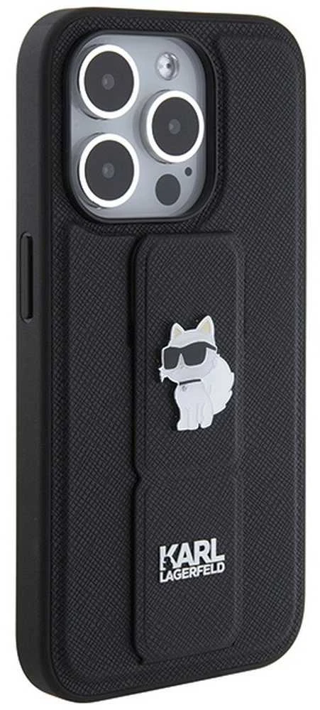 Karl Lagerfeld KLHCP14LGSACHPK Apple iPhone 14 Pro 6.1″ juodos spalvos kietas dėklas Gripstand Saffiano Choupette