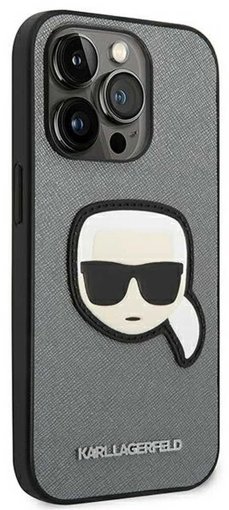 Karl Lagerfeld KLHCP14XSAPKHG Apple iPhone 14 Pro Max 6,7″ sidabrinis kietas dėklas Saffiano Karl`s Head Pat