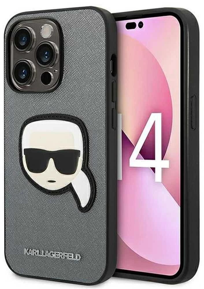 Karl Lagerfeld KLHCP14XSAPKHG Apple iPhone 14 Pro Max 6,7″ sidabrinis kietas dėklas Saffiano Karl`s Head Pat