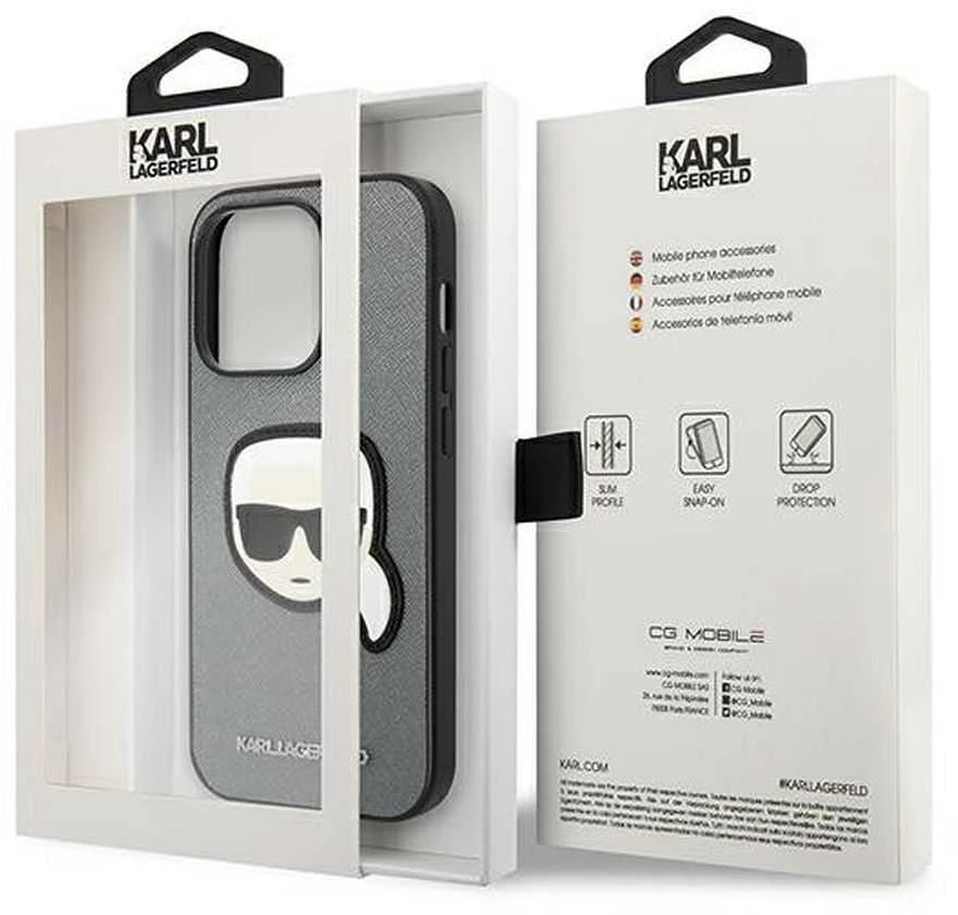 Karl Lagerfeld KLHCP14XSAPKHG Apple iPhone 14 Pro Max 6,7″ sidabrinis kietas dėklas Saffiano Karl`s Head Pat
