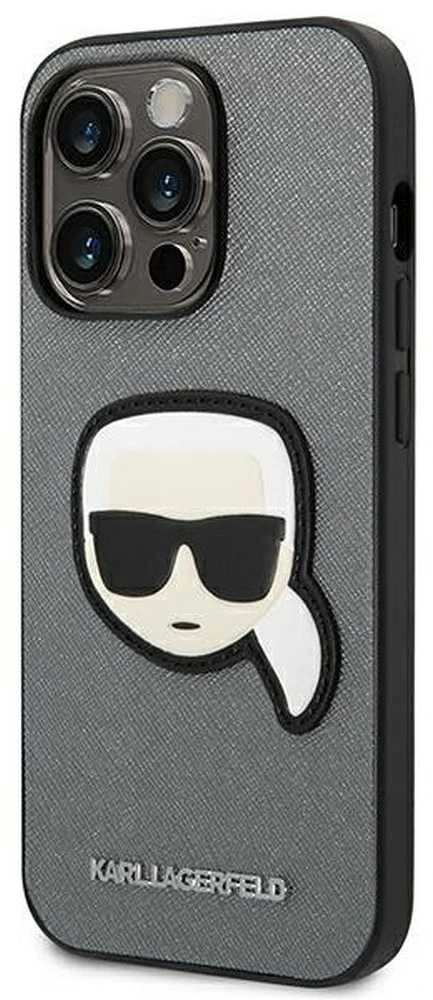 Karl Lagerfeld KLHCP14XSAPKHG Apple iPhone 14 Pro Max 6,7″ sidabrinis kietas dėklas Saffiano Karl`s Head Pat