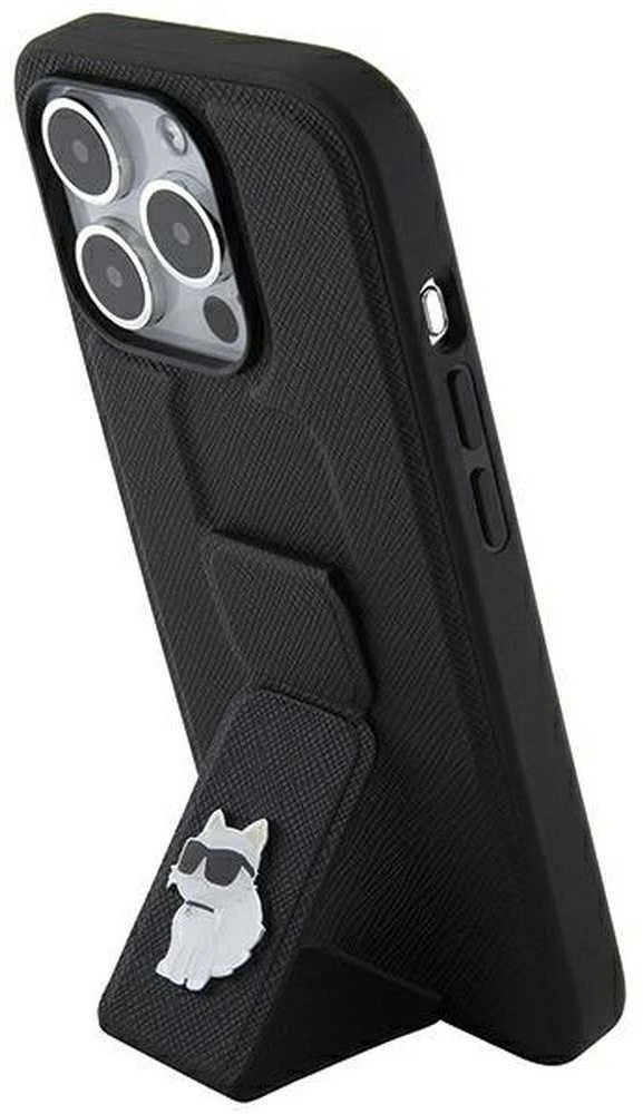 Karl Lagerfeld KLHCP14LGSACHPK Apple iPhone 14 Pro 6.1″ juodos spalvos kietas dėklas Gripstand Saffiano Choupette