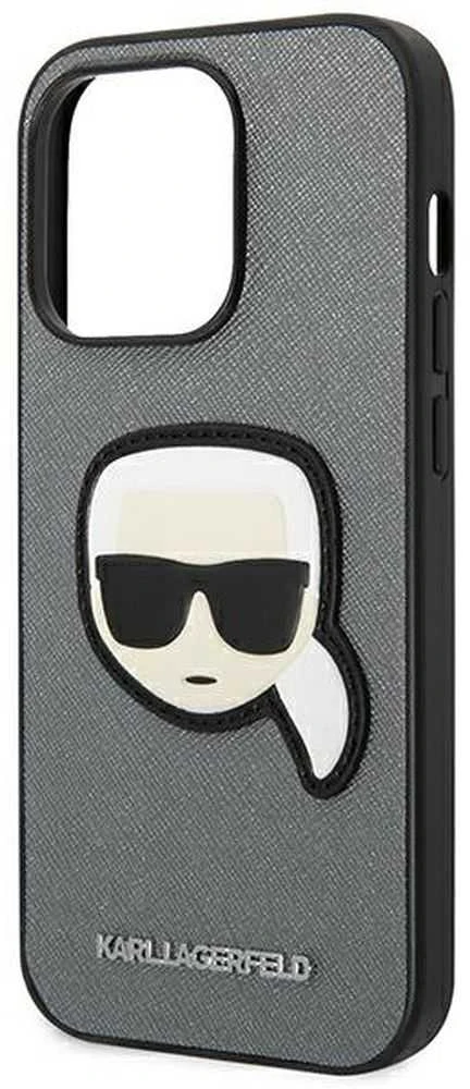 Karl Lagerfeld KLHCP14XSAPKHG Apple iPhone 14 Pro Max 6,7″ sidabrinis kietas dėklas Saffiano Karl`s Head Pat