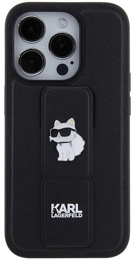 Karl Lagerfeld KLHCP14LGSACHPK Apple iPhone 14 Pro 6.1″ juodos spalvos kietas dėklas Gripstand Saffiano Choupette