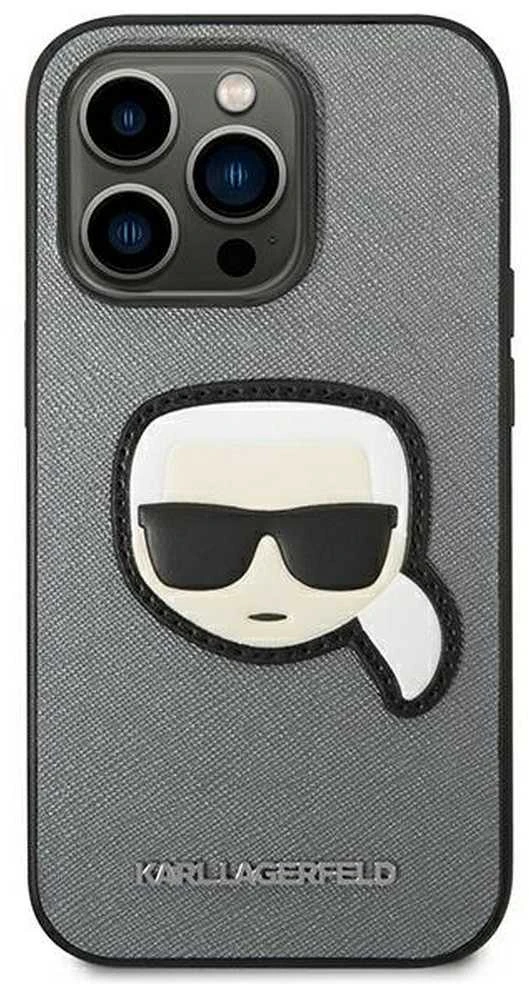 Karl Lagerfeld KLHCP14XSAPKHG Apple iPhone 14 Pro Max 6,7″ sidabrinis kietas dėklas Saffiano Karl`s Head Pat