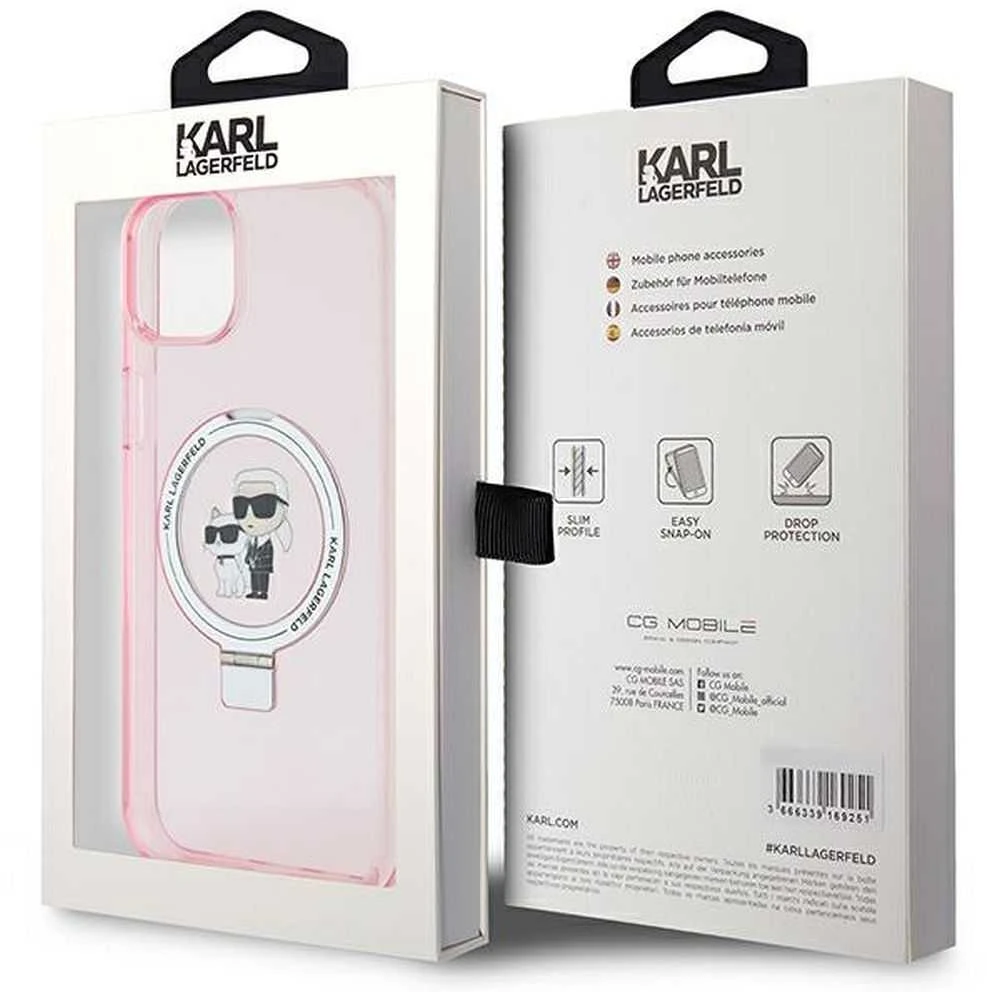 Karl Lagerfeld KLHMP15MHMRSKCP Apple iPhone 15 Plus / 14 Plus 6.7″ rožinės spalvos kietas dėklas Ring Stand Karl&Cho