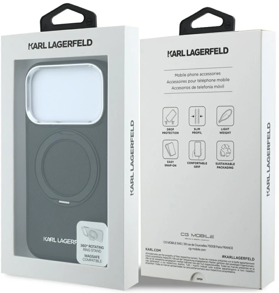 Dėklas Karl Lagerfeld case for IPHONE 18 Pro Max/17 Pro Max compatible with MagSafe (Ring Stand 360 Saffiano Classic Logo) juodas