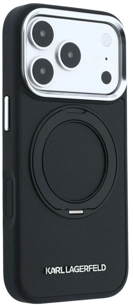 Dėklas Karl Lagerfeld case for IPHONE 18 Pro Max/17 Pro Max compatible with MagSafe (Ring Stand 360 Saffiano Classic Logo) juodas