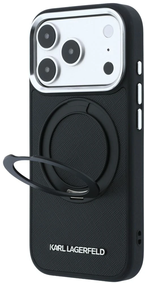 Dėklas Karl Lagerfeld case for IPHONE 18 Pro Max/17 Pro Max compatible with MagSafe (Ring Stand 360 Saffiano Classic Logo) juodas