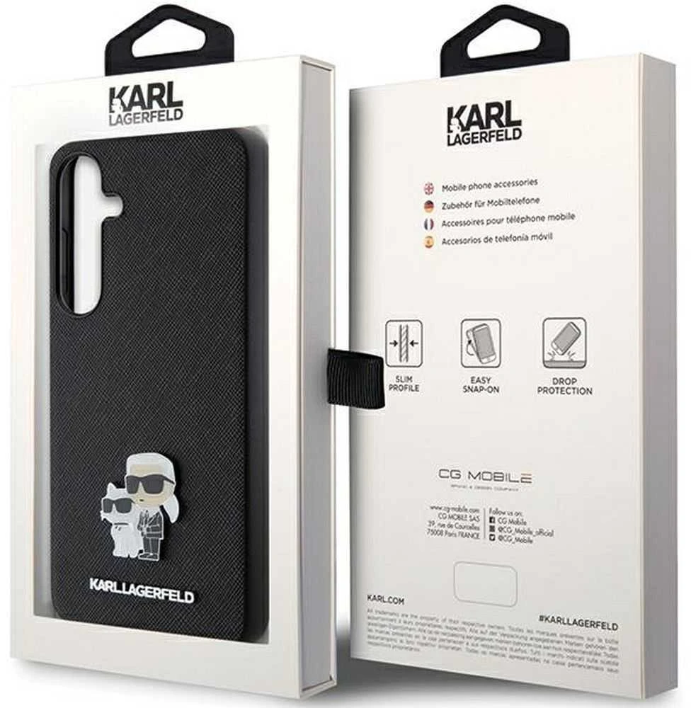 Samsung Galaxy S24 Plus Karl Lagerfeld dėklas Saffiano Karl & Choupette Metal Pin (KLHCS24MPSAKCMPK) juodos spalvos