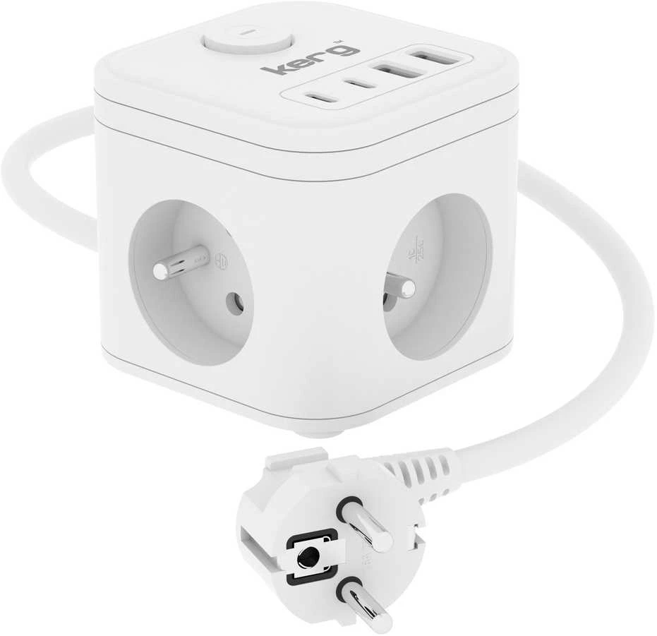 Inne KERG 3 lizdų maitinimo kubas + USB-A+USB-C įkroviklis 1,5 m 3×1,5 mm2 H05VV-F 16A/250V~ Išmanusis baltas